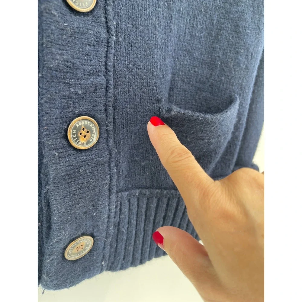 Abercrombie &‎ Fitch Mens Navy Blue Wool Blend Varsity Cardigan Sweater Large